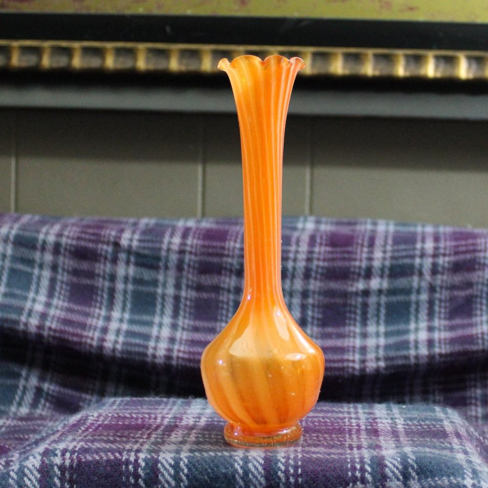 Vintage Orange Striped Handblown Glass Ruffled Bud Vase